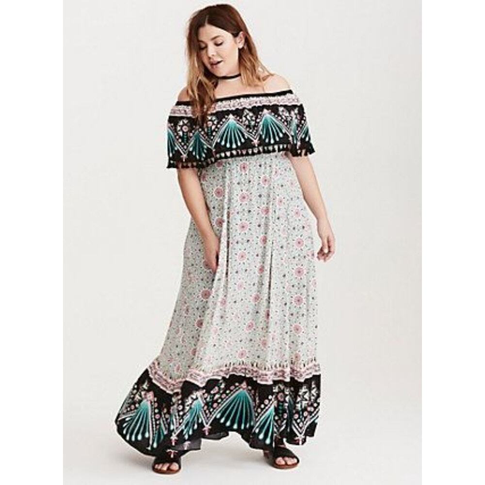 Torrid Black and White Maxi Dress with Pink and Green Accents